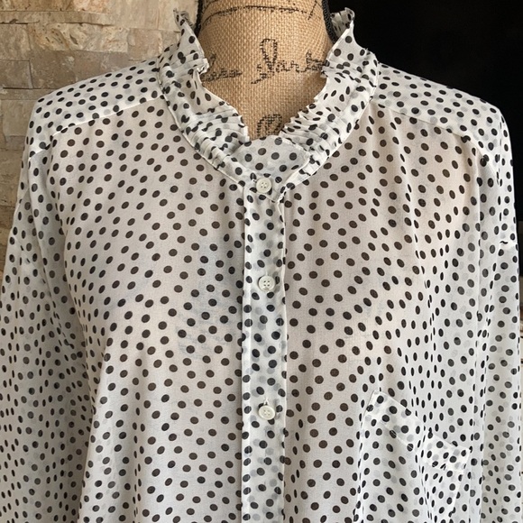 Zara oversized white sheer blouse black polka dots high ruffle neck button down - Picture 3 of 15